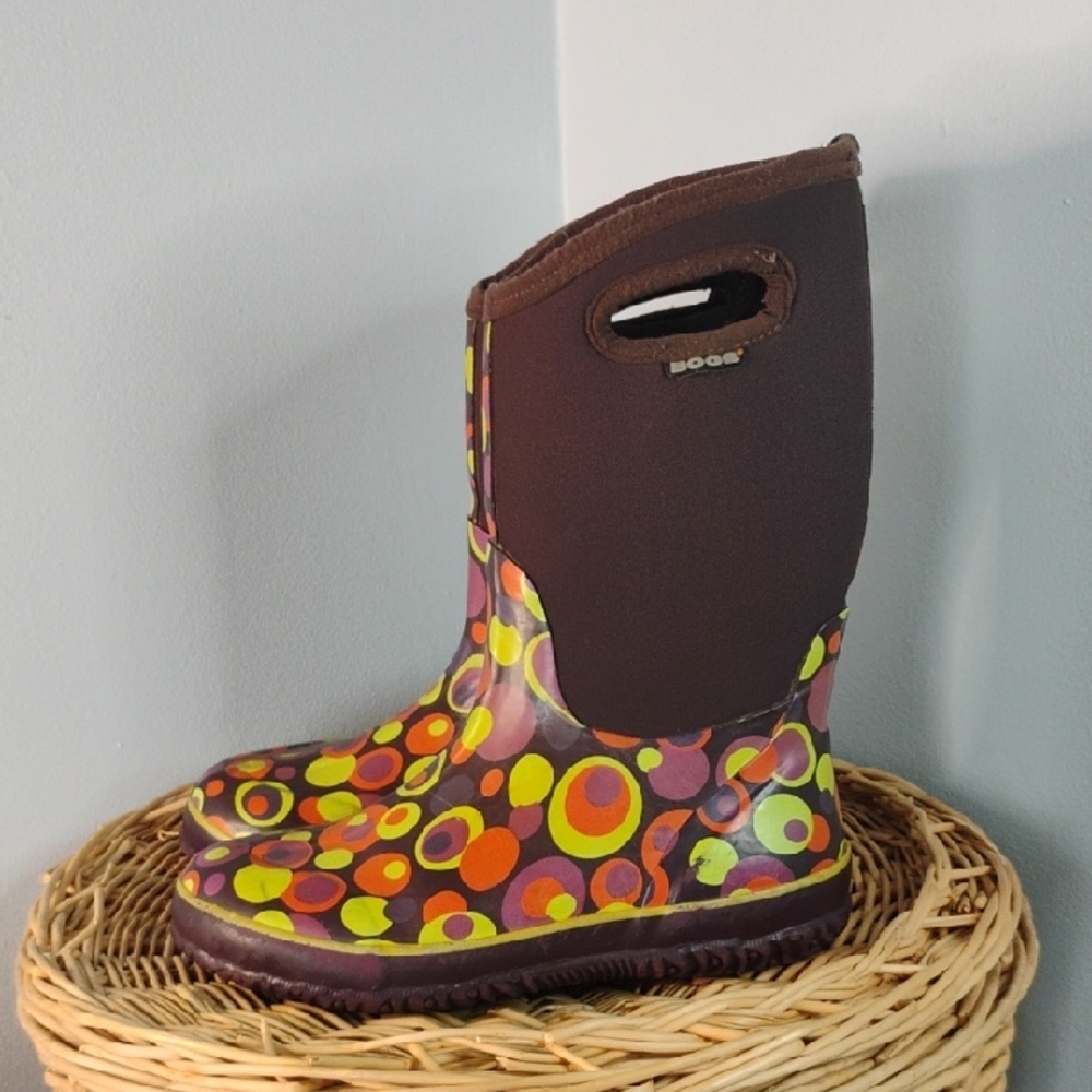 BOGS Size 6 Waterproof Rain Boots Colorful Circle Insulated Brown Multicolor